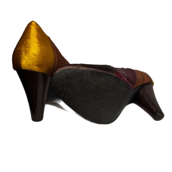 Earth tone Patchwork Pumps Wood Heels Brown Wine Copper Gold Satiny Women’s 8.5 - Picture 8 of 10